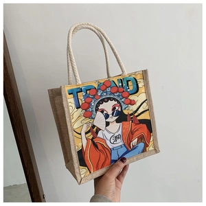 Close-up of a jute tote bag featuring a colorful modern Peking Opera girl illustration