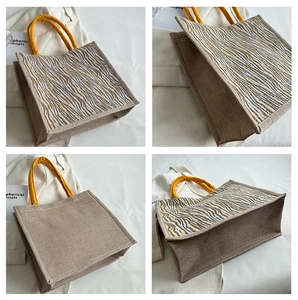 Detailed views of a large linen tote bag with brown fabric and yellow wavy pattern