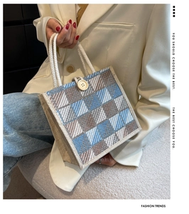 Detail of plaid canvas tote bag with rope handle and large decorative button