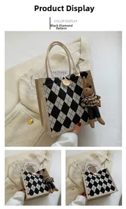 Detail of argyle canvas tote bag with wooden button and cute bunny charm pendant
