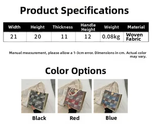 Size specifications for the plaid canvas tote bag showing dimensions and colors