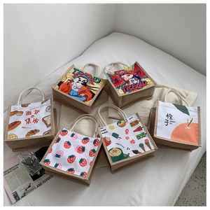 Detailed set of mini canvas and jute lunch bags with various cute cartoon patterns
