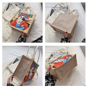 Detailed four-view of cartoon canvas tote bag with cotton ropes and printed folk art