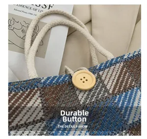 Detailed close-up of woven linen texture with large wooden button and thick cotton handle