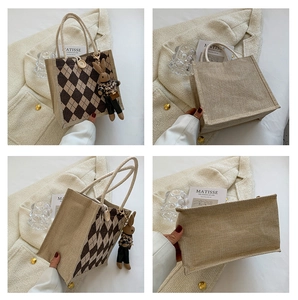 Detailed four-way views of a vintage linen tote bag with checkered pattern and rabbit charm