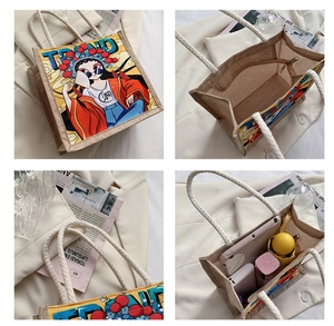Collage of a linen tote bag showing interior space, cotton rope handles and trendy print