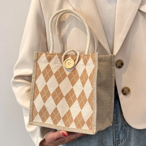 Vintage Argyle Pattern Linen Canvas Handbag For Women Minimalist Woven Cotton Hemp Tote Bag Portable Lunch Gift Bag