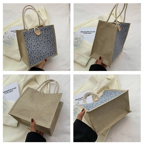Detailed four-way views of a linen lunch bag with blue floral print and wooden button