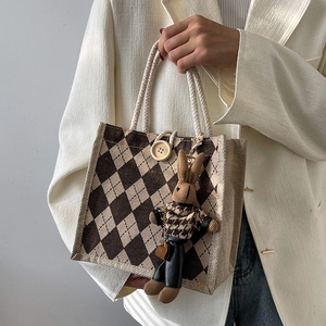 Retro argyle linen tote bag with cotton rope handles and cute rabbit pendant
