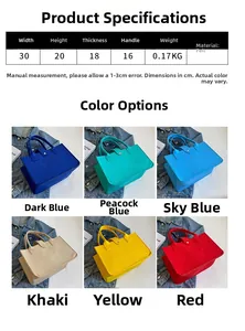 Detailed size chart and multi-color felt tote bag options with dimensions and weight info