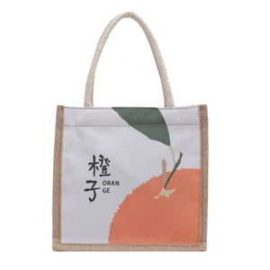 Canvas en jute draagtas met sinaasappelprint en dikke katoenen touwhandvatten op wit