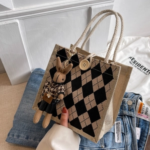 Linen tote bag with argyle pattern, thick rope handles, wooden button and bunny charm