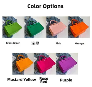 Detail showing seven vibrant felt tote bag colors with button closures and durable stitching