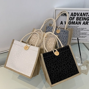 Japanese style linen floral handbag set with wood button and jute handles for women