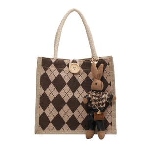 Linen tote bag with brown plaid pattern, rope handles and a cute rabbit pendant