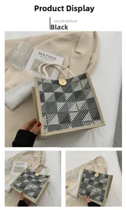 Detail of checkered canvas tote bag featuring wooden button closure and cotton rope handles