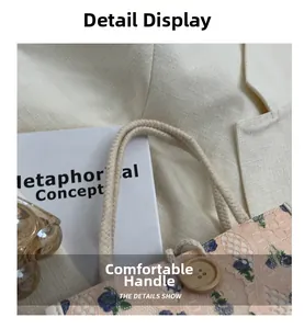 Macro detail of floral canvas tote bag with cotton rope handles and wooden button accent
