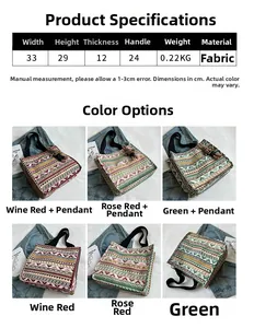 Detailed sizing chart and color guide for ethnic pattern canvas tote bags with dimensions
