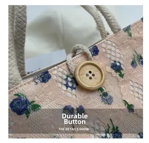 Detail of pink lace mini handbag with blue floral print and round wooden button closure
