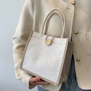 Japanese style mini lunch tote bag with floral embroidery and natural wooden button detail