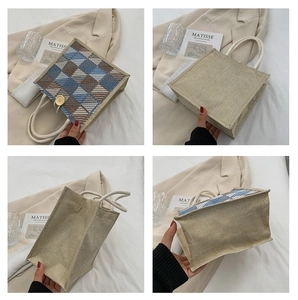 Detailed views of checkered linen tote bag showing front, back, side and base structure