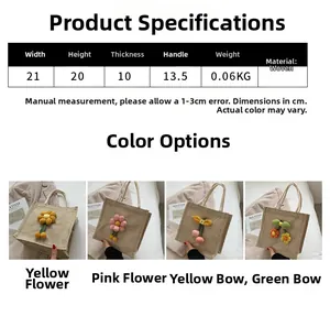Detailed size specifications for woven lunch bags with various crochet decorations