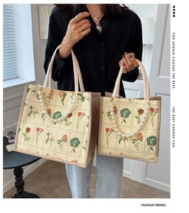 Detail of two beige floral tote bags with pearl chain strap and jute woven sides