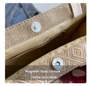 Detail shot of the secure metal magnetic snap closure on a woven linen tote bag
