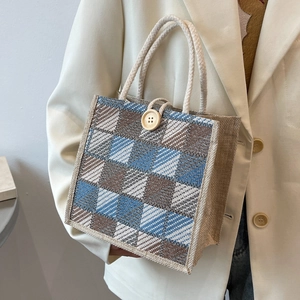 Checkered Cotton Linen Handbag Vintage Tote Lunch Box Bag With Wood Button Rope Handle For Students Women Daily Use