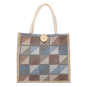 Linen plaid handbag with blue-brown checkered pattern and large wooden button