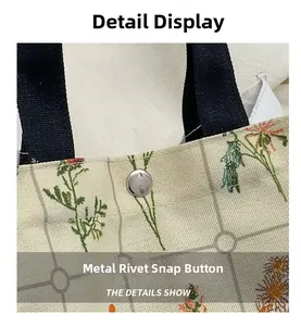 Detail of canvas tote bag showing silver magnetic rivet closure and stitching