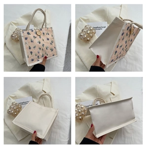 Detailed views of floral lunch tote bag with woven handles and wooden button closure