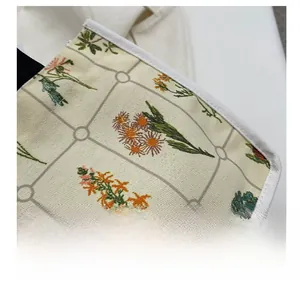 Close-up of canvas handbag showing dense white computer stitching and floral pattern