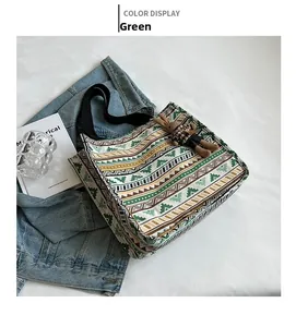 Ethnic canvas tote bag detail with colorful geometric patterns and knit bunny charm