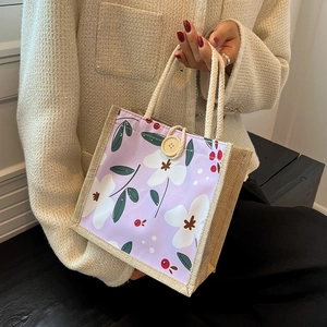 Petit sac à main floral en toile et jute avec poignées en corde tressée