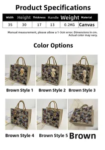 Detailed chart showing size 35x30x17cm and six vintage bear pattern canvas tote styles