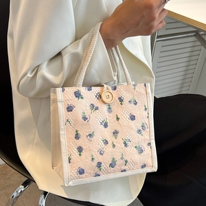 Floral lace canvas lunch tote bag with rustic rope handles and wooden button detail