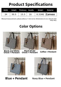 Detailed size specifications for canvas checkerboard tote bag with five color options