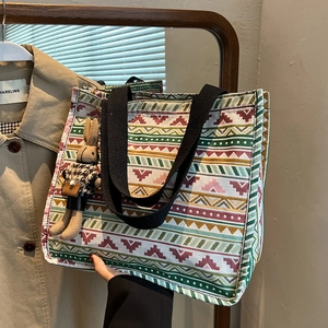 Women Ethnic Bohemian Geometric Print Canvas Tote Bag Large Capacity Vintage Shoulder Bag With Plush Charm For Students