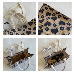 Detail shots of canvas tote showing floral heart patterns, woven handles and large interior