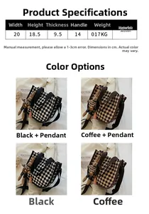 Detailed size specifications and color options for the houndstooth woven handbag