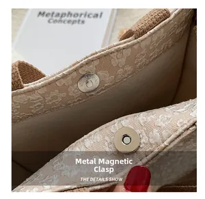 Detail of magnetic snap closure and floral jacquard fabric on canvas tote bag