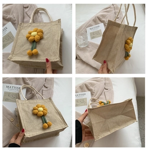 Detailed views of a beige jute tote bag with yellow hand-crocheted flowers