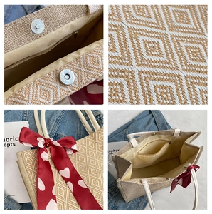 Detailed views of linen tote bag showing magnetic closure, inner pocket and red scarf