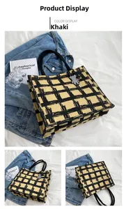 Detail view of khaki checkered canvas tote bag with woven handles and bear charm