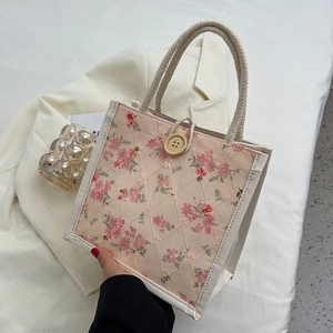 Beige floral lace tote bag with pink embroidery and wooden button for women