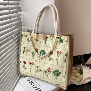 Vintage Floral Canvas Tote Bag With Artificial Pearl Handle Large Capacity Grid Pattern Women Shoulder Bag For Daily Travel Fashion