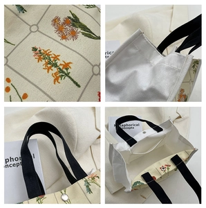 Detailed views of floral embroidery, silver magnetic clasp, and inner pocket on canvas tote