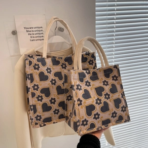 Women Fashion Canvas Tote Bag Large Capacity Floral Heart Print Korean Style Shoulder Handbag Casual Daily Shopper Bag