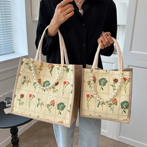 Vintage floral canvas tote bag with pearl chain handle decoration in two sizes